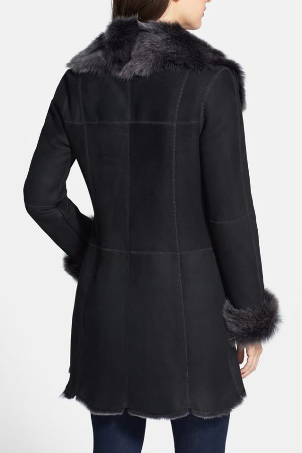 Women's Suede Leather Shearling Black Coat